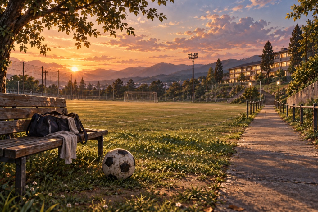 A soccer ball and sports bag beside an empty bench, with a path toward a dormitory at sunset.