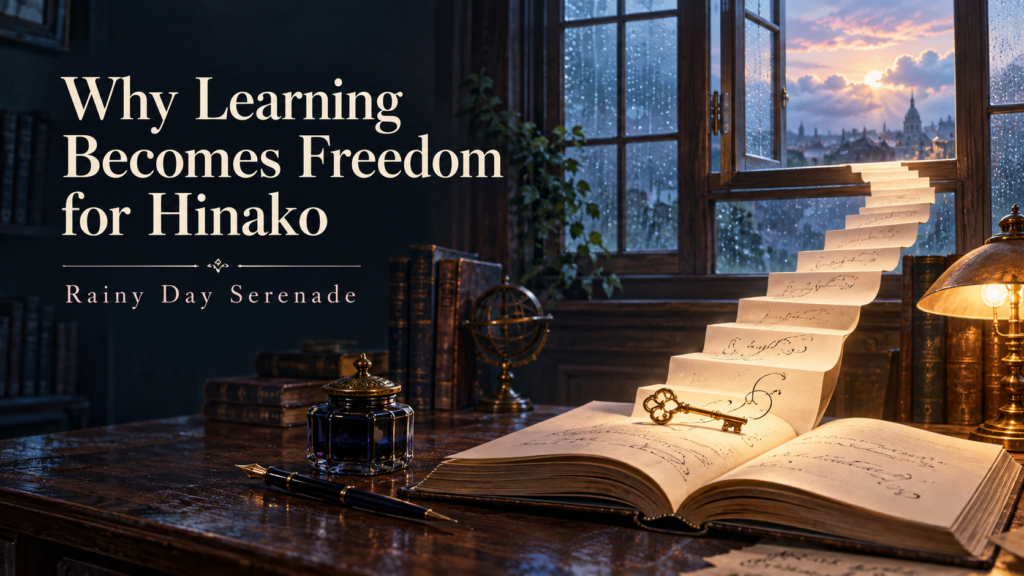 An open study book becoming a staircase toward a rain-lit window, with an ink bottle and brass key symbolizing how learning gives Hinako the power to choose her future.