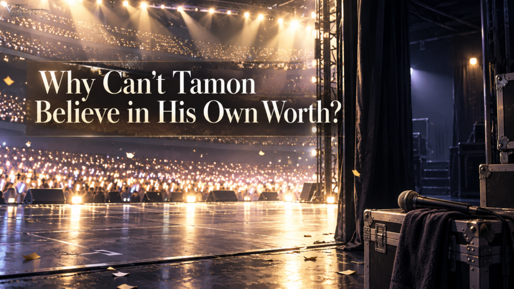 A glowing concert audience seen from backstage beside a microphone in shadow, symbolizing Tamon’s public confidence and private struggle with self-worth.
