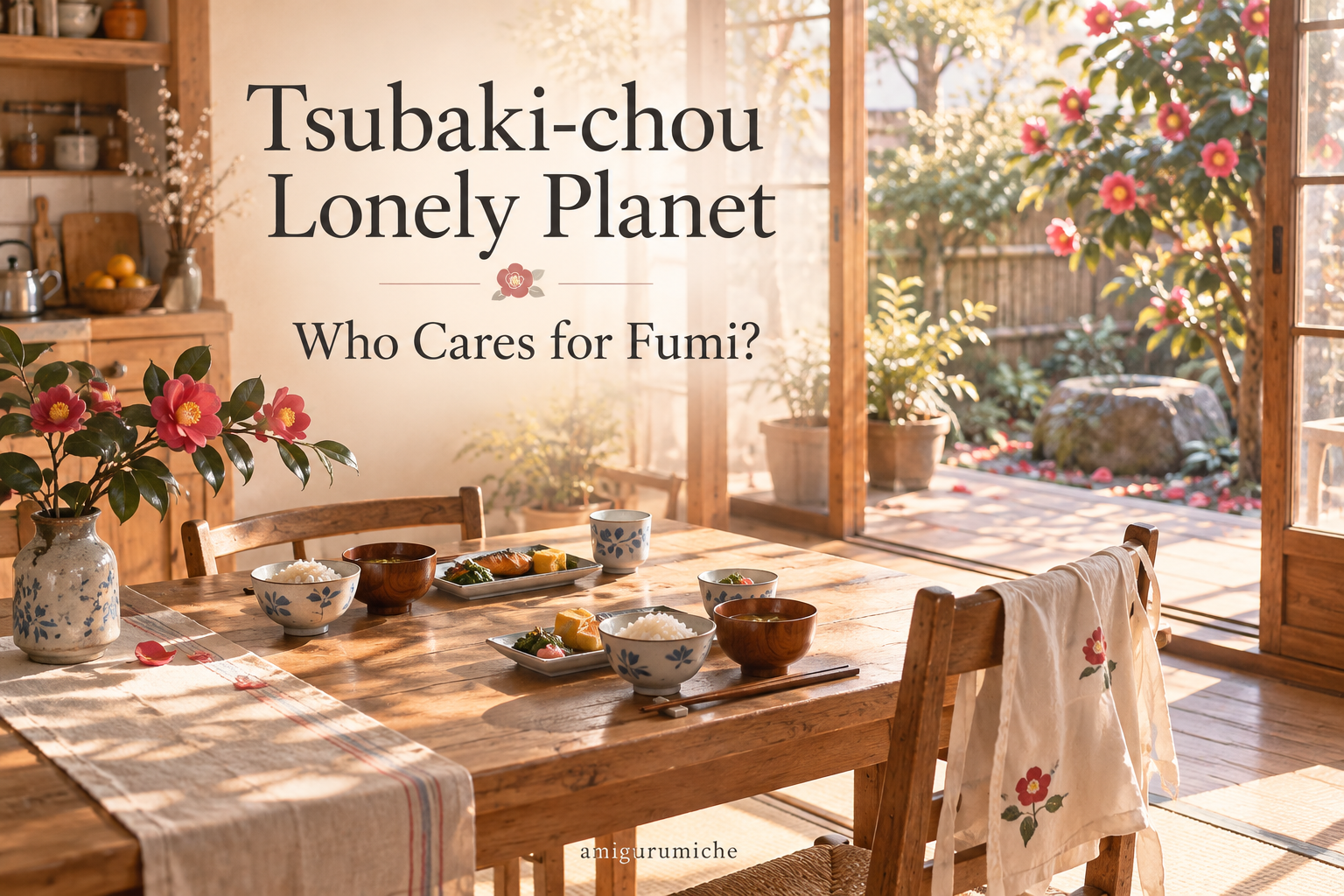 An apron draped over a chair and two meal settings in a sunlit Japanese home beneath the words Tsubaki-chou Lonely Planet: Who Cares for Fumi?