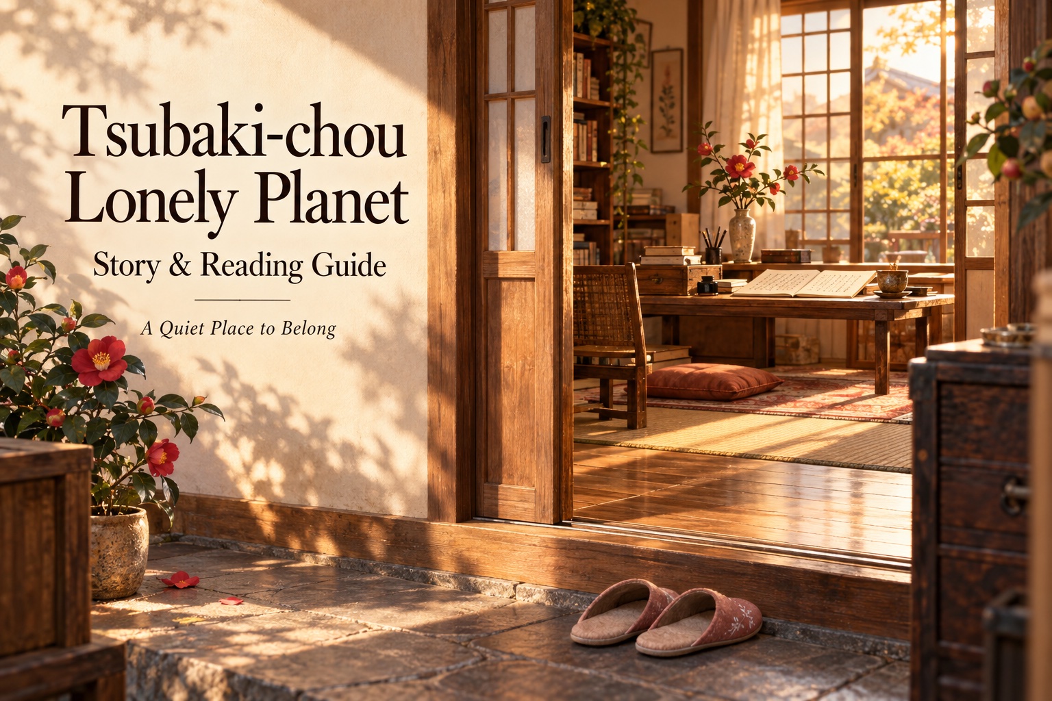A warmly lit Japanese house entrance opening onto a writing desk, beside the words Tsubaki-chou Lonely Planet: Story & Reading Guide.