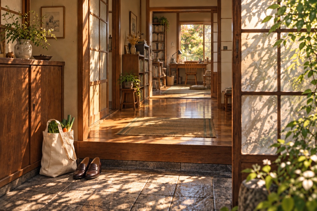 A pair of brown loafers and a cloth grocery bag with vegetables in the sunlit entrance of an old Japanese home.