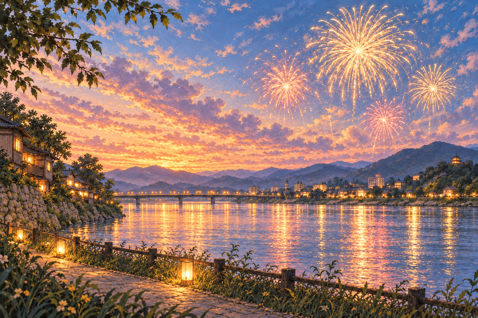 Original illustration of summer fireworks and warm sunset light reflected on a quiet river.