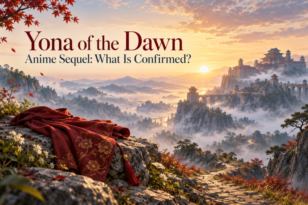 A crimson cloak beside a mountain path at dawn, beneath the words Yona of the Dawn: Anime Sequel: What Is Confirmed?