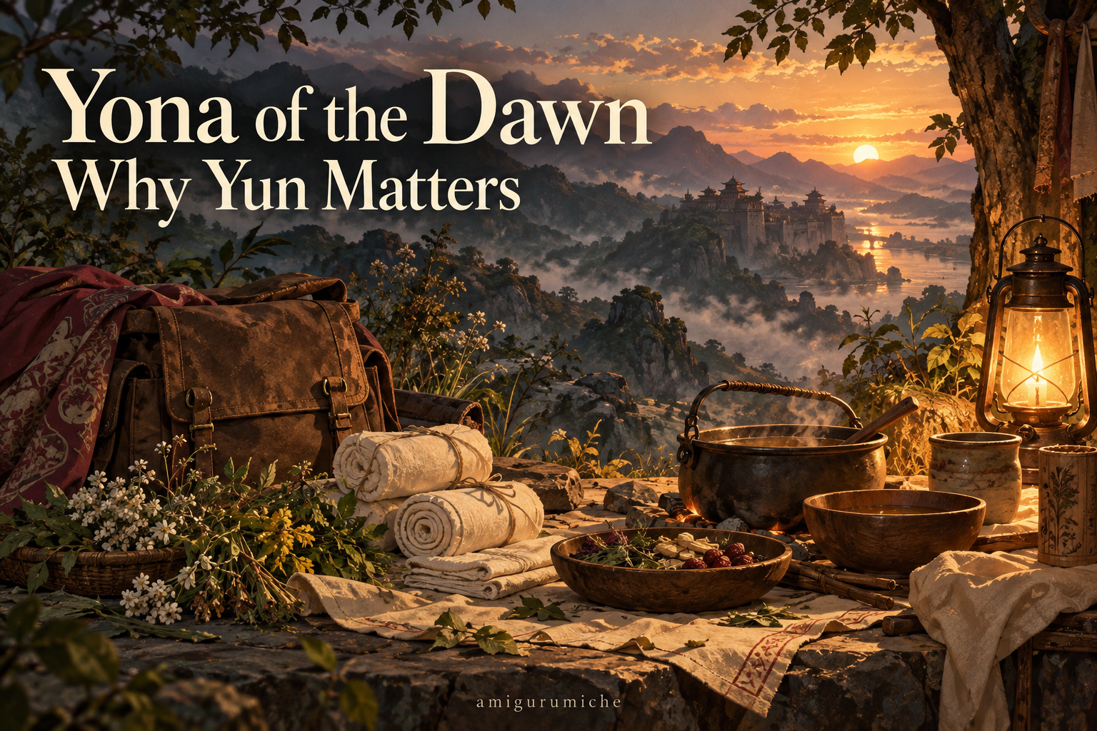Bandages, herbs, cooking bowls, and a travel bag at a warmly lit camp beneath the words Yona of the Dawn: Why Yun Matters.