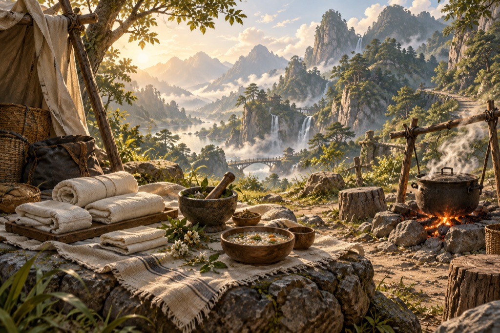 Bandages, herbs and a bowl of food beside a cooking fire in a mountain travel camp.
